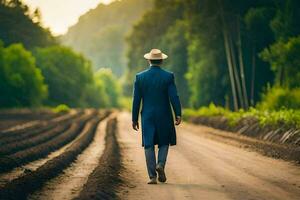 a man in a suit and hat walks down a dirt road. AI-Generated photo