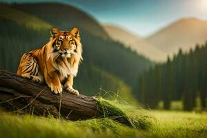 a tiger sitting on a log in the middle of a field. AI-Generated photo