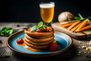 stack of pancakes with fruit and syrup on a blue plate. AI-Generated photo