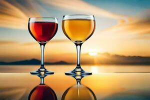 dos lentes de vino son mostrado en contra un puesta de sol. generado por ai foto