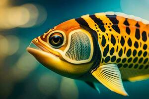 a close up of a fish with black and white spots. AI-Generated photo