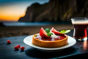 un postre con bayas y un vaso de cerveza en un mesa. generado por ai foto