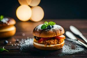 a hamburger with cheese and blueberries on a wooden table. AI-Generated photo