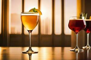 three glasses of different drinks on a table. AI-Generated photo