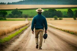 un hombre en un sombrero camina abajo un suciedad la carretera. generado por ai foto