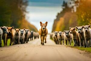 un perro caminando abajo un la carretera con un manada de oveja. generado por ai foto