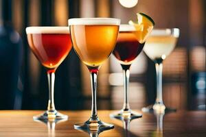 four different types of alcoholic drinks in glasses. AI-Generated photo