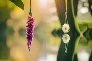 dos flores colgando desde un gancho en el agua. generado por ai foto