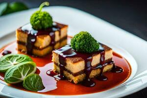 two pieces of cake with sauce on them. AI-Generated photo