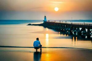 un hombre sentado en el playa a puesta de sol. generado por ai foto