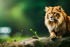 a lion is sitting on a log in the forest. AI-Generated photo