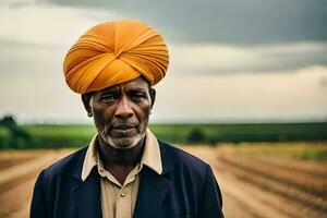 a man wearing an orange turban in a field. AI-Generated photo