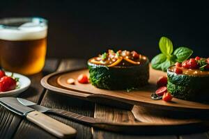 two small stuffed zucchini on a wooden cutting board with a glass of beer. AI-Generated photo