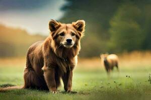 a dog is sitting in the grass on a field. AI-Generated photo