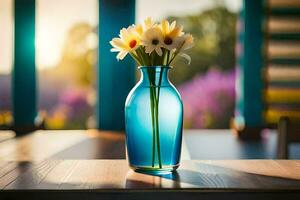 a blue vase with flowers on a table. AI-Generated photo