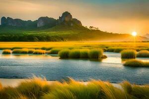 the sun rises over the mountains and the grassy fields. AI-Generated photo