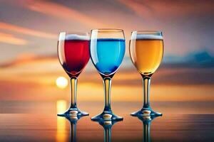three glasses of colored liquid are on a table in front of the sunset. AI-Generated photo