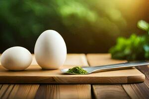 dos huevos en un corte tablero con un cuchara. generado por ai foto