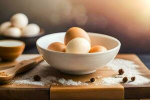 eggs in a bowl on a cutting board. AI-Generated photo