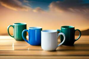 four coffee mugs on a wooden table. AI-Generated photo
