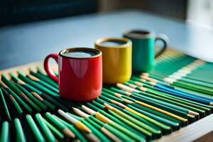 two coffee cups on a tray with colored pencils. AI-Generated photo