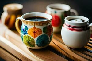 two coffee cups with colorful designs on them. AI-Generated photo