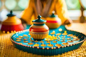 a colorful tray with a pot and candles on it. AI-Generated photo