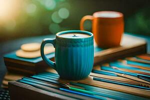 two coffee cups sit on top of a wooden table. AI-Generated photo