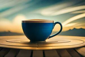 a blue cup of coffee on a wooden table. AI-Generated photo