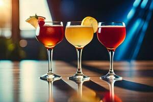 three glasses of different colored drinks on a table. AI-Generated photo