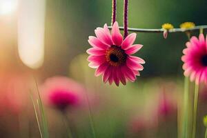 pink flowers hanging from a string in a field. AI-Generated photo