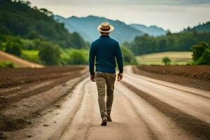 man walking on dirt road in the countryside. AI-Generated photo