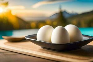 eggs in a bowl on a table with mountains in the background. AI-Generated photo