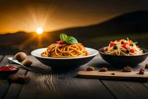 spaghetti and tomato sauce on a wooden table. AI-Generated photo