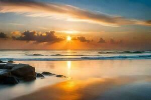 puesta de sol en el playa, rocas, agua, cielo, hd fondo de pantalla. generado por ai foto