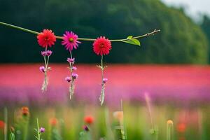 flores colgando desde un rama en un campo. generado por ai foto