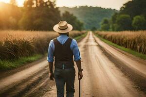 un hombre en un sombrero y chaleco caminando abajo un suciedad la carretera. generado por ai foto