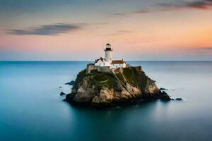 a lighthouse sits on top of a rock in the ocean. AI-Generated photo