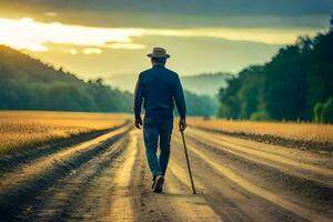 un hombre caminando abajo un suciedad la carretera con un caña. generado por ai foto