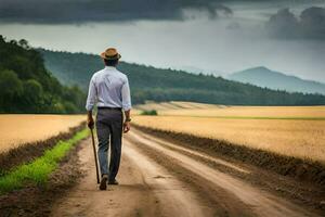 a man walking down a dirt road with a cane. AI-Generated photo