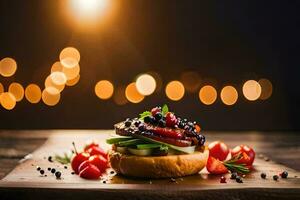 a hamburger with tomatoes and blackberries on a wooden board. AI-Generated photo