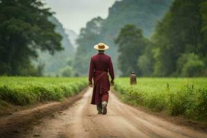 a monk walking down a dirt road in a rural area. AI-Generated photo