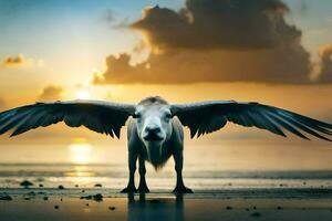 a white cow with wings spread out on the beach. AI-Generated photo