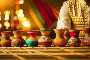a man is sitting in front of a table with colorful vases. AI-Generated photo