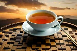 a cup of tea on a bamboo tray with a sunset in the background. AI-Generated photo