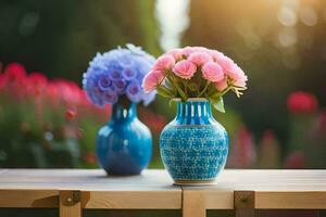 two blue vases with pink flowers sitting on a table. AI-Generated photo