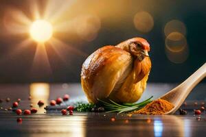 a chicken with spices and spices on a wooden table. AI-Generated photo