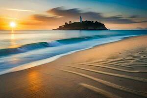 el faro a puesta de sol en el playa. generado por ai foto