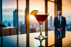 a cocktail on a bar with a man in a suit behind it. AI-Generated photo