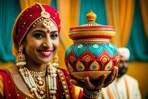 un mujer en tradicional indio atuendo sostiene un maceta. generado por ai foto